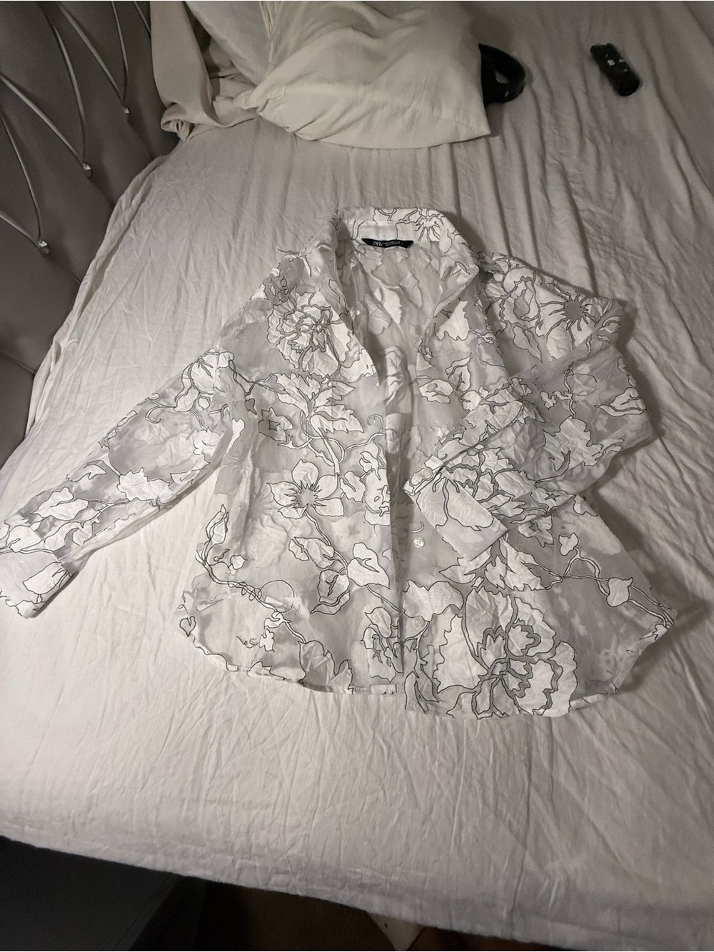 Zara White Sheer Floral Button-Down Shirt